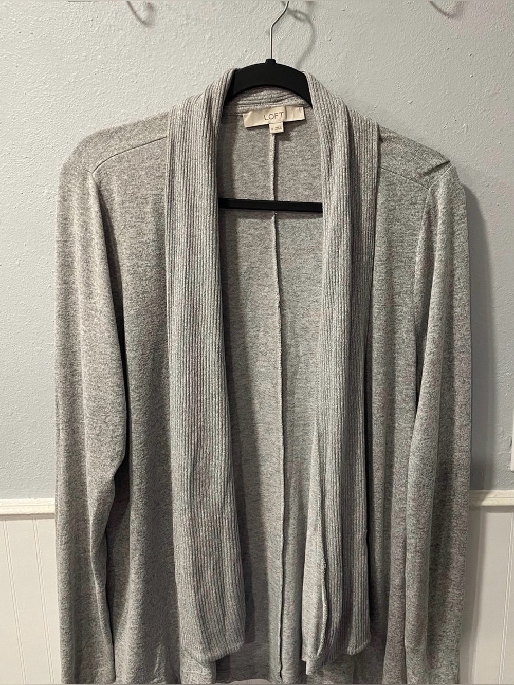LOFT Light Gray Open-Front Ribbed Trim Cardigan